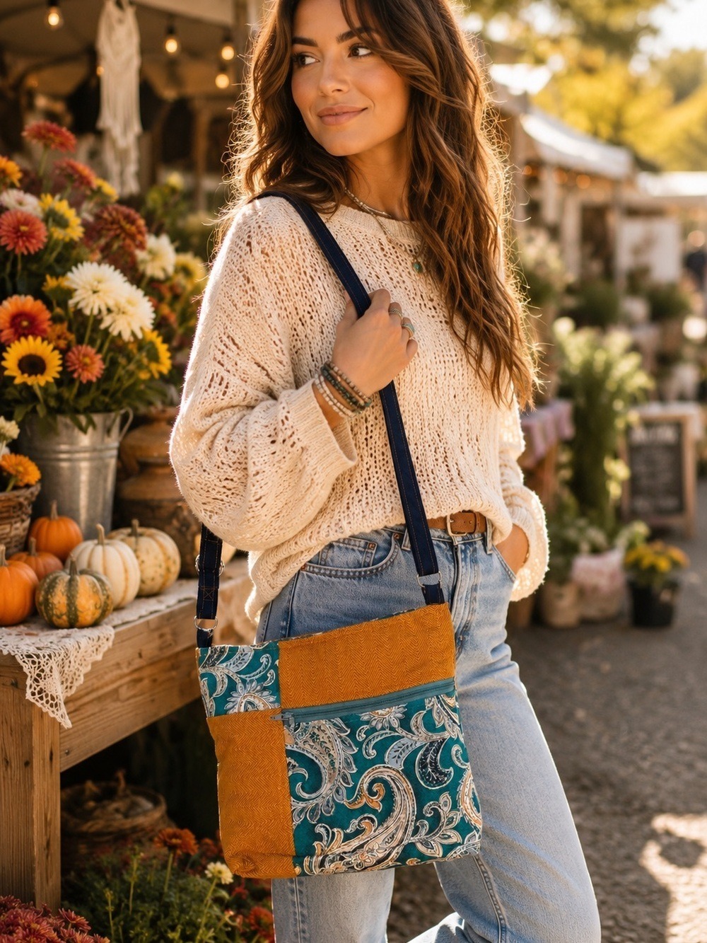 Handmade Teal Paisley Crossbody Bag | Mustard Herringbone Accent |